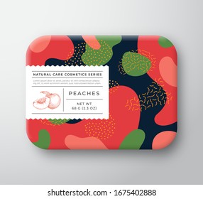 Peaches Bath Cosmetics Package Box. Vector Wrapped Paper Container with Care Label Cover. Packaging Design. Modern Typography and Hand Drawn Peach. Abstract Camo Background Pattern Layout. Isolated.