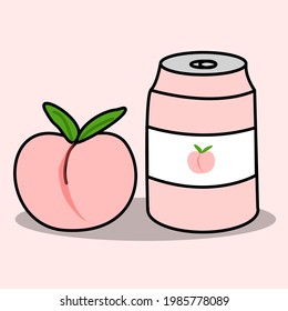 Peaches and canned peach juice, Flat design vector illustration on pink background.