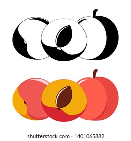 peaches, color and monochrome (black and white) vector illustration. whole fruit and half.