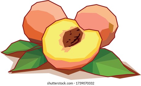 Peaches drawn in vector with geometric shapes colored in flat colors. Vector drawing of fruit with fields of flat and geometric colors.