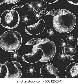  Peaches  and flowers. Vector seamless pattern