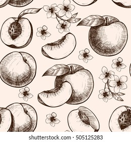  Peaches  and flowers. Vector seamless pattern