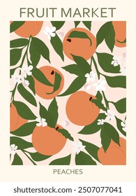 Peaches fruit market - retro trendy contemporary wall art print with peach design in naive groovy style. Vector illustration.