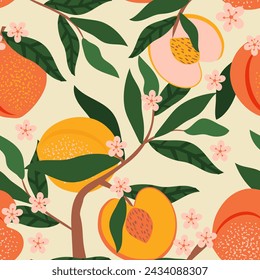 Los melocotones, frutas y flores con hojas en una rama forman un patrón sin fisuras. Ambiente frutal tropical de verano para telas, textiles, papel de embalaje. Vector.