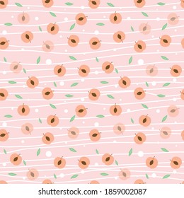 Peaches fruits pattern with dot. Vector illustration.kawaii fruit.