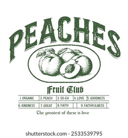 gráfico de pêssegos. design de impressão de frutas. camisola de frutas de verão. slogan tipografia texto. Poster de anúncio estilo vintage com pêssegos ilustração e texto inspirador. meninas gráfico em vetor