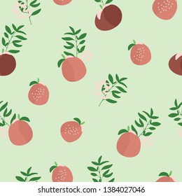 peaches with green background vector seamless pattern - Great for wallpaper,backgrounds,gifs,surface pattern design,packaging design projects, stationary.