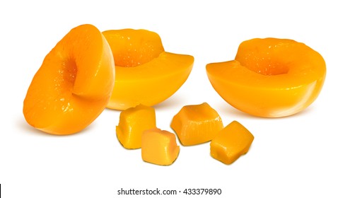 Peaches in half cuts without pits and diced peaches.  Fully editable handmade mesh. Vector illustration.
