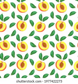 peaches. halves of peaches on a beige background. seamless pattern with apricot. stock vector illustration. pattern for printing on fabric and wrapping paper.