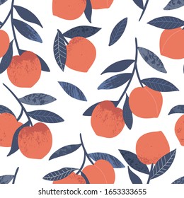 Peaches hand drawn sketch. Vector seamless pattern