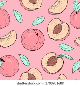 Peaches hand drawn sketch. Vector seamless pattern