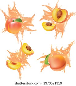 peaches in juice splash isolated on a white background.illustration vector