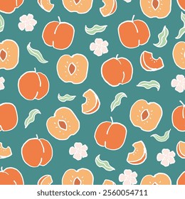 Peaches with leaves and blossoms seamless pattern. Hand drawn simple wallpaper with fruits on teal background. Simple line art vector design for textiles, wallpapers, and prints.