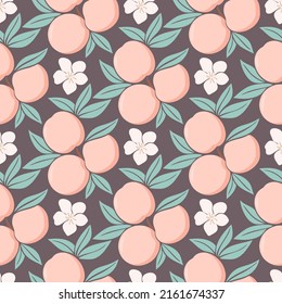 Peaches leaves and flowers seamless pattern. Beautiful fruity floral background. Model with delicate flowering and fruits. Print for textile, packaging, wallpaper and design vector illustration