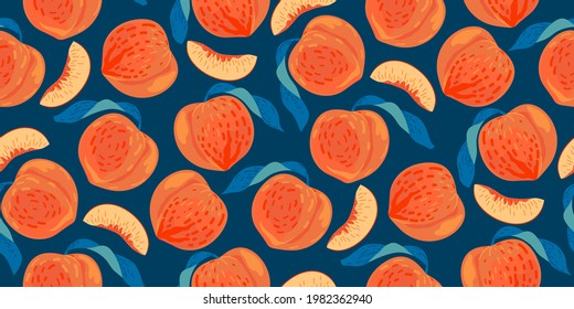 Peaches, nectarine seamless pattern design. Vector tropical juicy fruit on a blue background