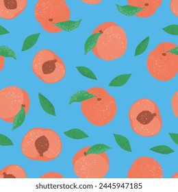 Peaches on a blue background. Seamless pattern, flat style illustration. Stylized fruits, texture