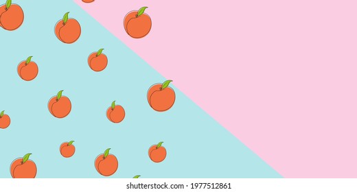 Peaches on pink and blue background. Space for text. Seamless pattern. Vector illustration.