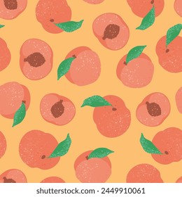 Peaches on a warm yellow background. Seamless pattern, flat illustration. Stylized fruits, texture