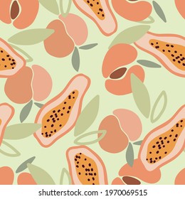 Peaches and papaya friuts, hand rdawn fruits, exotic, tasty seamless pattern