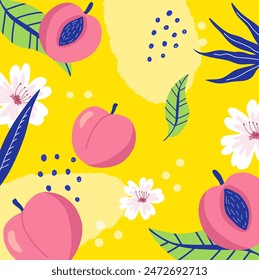  Peaches pattern. Stylized ripe peach, pieces, with seeds and leaves.