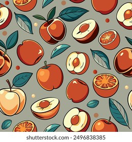 Peaches Seamless Pattern Cartoon Style. Fruit Trendy Seamless Background. Peach with Leaf Colorful Wallpaper. Botanical Fruits Design for Prints, Surface, Home Decoration, Fabric. Vector Illustration.