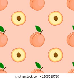 peaches seamless pattern. fresh fruit on pink background. vector illustrations.