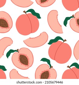 Peaches seamless pattern. Hand drawn fruits and sliced ​​fruit pieces and slices. Cute summer tropical endless background with peaches or apricots. Modern abstract design for paper, cover, fabric.