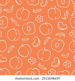 Peaches seamless pattern. Hand drawn peaches with leaves and blossoms on orange background. Naive art. 