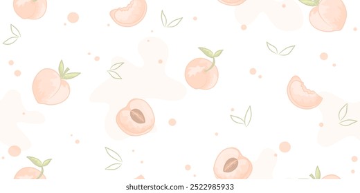 Peaches seamless pattern. Hand drawn peaches with leaves and blossoms on white background. Naive art.