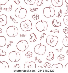 Peaches seamless pattern. Hand drawn peaches with leaves and blossoms on white background. Naive art. 