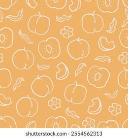 Peaches seamless pattern. Hand drawn white peaches with leaves and blossoms on orange background. Naive art. 