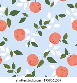 Peaches seamless pattern with leaves in modern hand drawn style on a blue background. Vector stock illustration