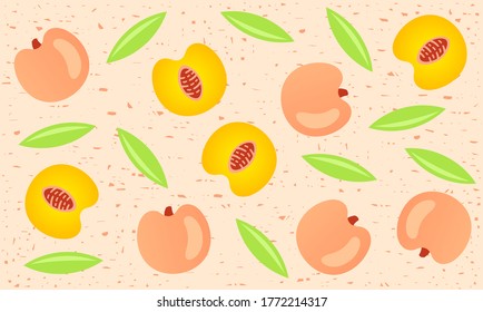 Peaches seamless pattern for packaging and background. Whole and sliced peaches with leaves, fruit shabby background. Food, vector design and illustration