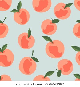 Peaches seamless pattern randomly located on a blue background. Chubby Peach with leaf pattern for fabric, paper, textile, cover, notebook. Vector peach modern illustration.