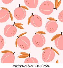 Peaches seamless pattern. Vector flat illustration of peach.