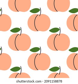 Peaches seamless pattern vector illustration. Simple hand drawn fruits background. Template for fabric, packaging and wallpaper