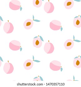 Peaches seamless pattern. Vector pink fruit cartoon style background.