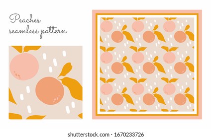 Peaches seamless pattern - vector. Texture for textiles, fabrics, clothes, shawls. Beige background, summer print.