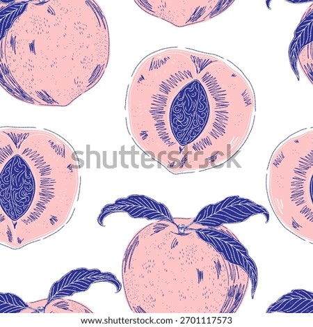 Peaches Seamless Pattern. A vintage hand-drawn illustration in a sketchy style with clean contour lines and colorful, textured brushstrokes.