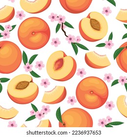 Patrón sin fisuras de melocotones. Huellas de melocotón vintage adornadas con frutas y flores, cubierta vectorial de tela de nectarinas naranja trendy