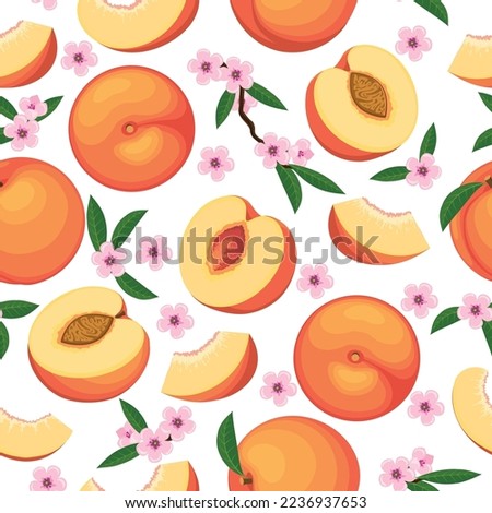 Peaches seamless pattern. Vintage peach blossom prints ornament with fruits and flowers, beauty trendy sliced orange nectarines fabric vector cover