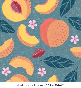 Peaches seamless pattern. Whole and sliced peaches with leaves and flowers on shabby background. Original simple flat illustration. Shabby style.