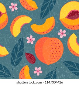Peaches seamless pattern. Whole and sliced peaches with leaves and flowers on shabby background. Original simple flat illustration. Shabby style.