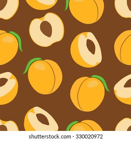 Peaches. Seamless pfttern on brown background.