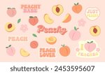 Peaches set. Juicy Cute peach fruit. Simple flat doodle. Vector