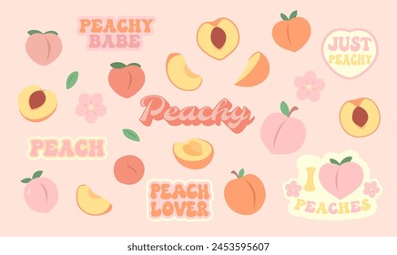 Peaches set. Juicy Cute peach fruit. Simple flat doodle. Vector