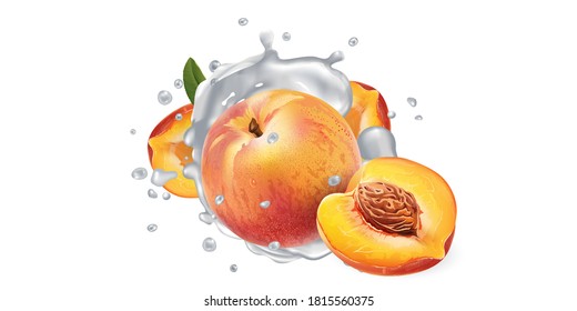 Peaches in splashes of yogurt or milk.