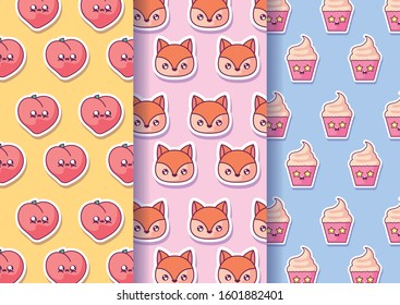 Peaches squirrels and cupcakes kawaii cartoons design, Kawaii expression cute character funny and emoticon theme Vector illustration