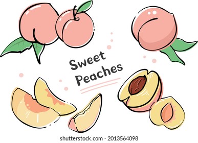 Peaches that we enjoy in hot summer. Peach background icon collection.