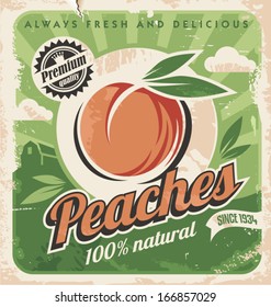 Peaches, vintage poster template. Retro design concept for fruit farm. 